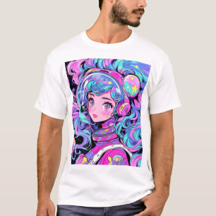 Camiseta Rapariga de Animação do Espaço Azul e Rosa do Past