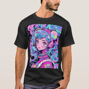 Camiseta Rapariga de Animação do Espaço Azul e Rosa do Past