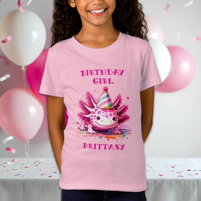 Camiseta Rapariga de aniversário de Axolotl rosa personaliz (Criador carregado)