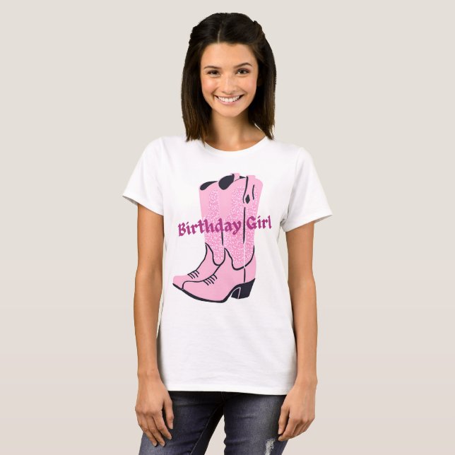 Camiseta Rapariga de Aniversário Rosa Cinza Garota Bota Cam (Frente Completa)