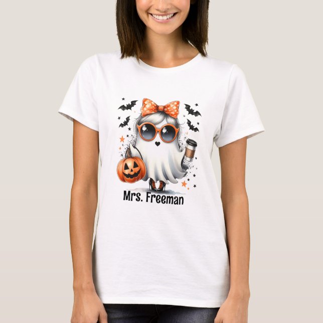 Camiseta Rapariga de Halloween Fantasma com Café e Abóbora (Frente)