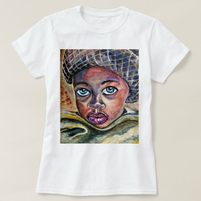 Camiseta Rapariga De Olhos Azuis Com Chapéu - Aquarela - Ar (Frente do Design)