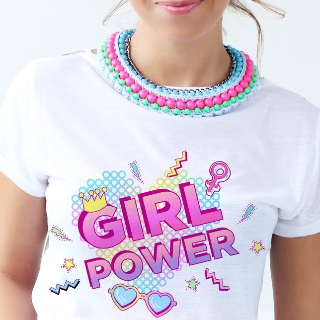 Camiseta Rapariga Powers 80s 90s Coloridas Brilhantes Retro (Girl Powers 80s 90s Retro Groovy Bright Colorful T-Shirt)