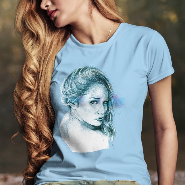 Camiseta Rapariga Retrato Belo Desenho Artístico Azul (Criador carregado)