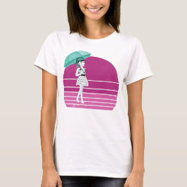 Camiseta Rapariga retrô com guarda-chuva e pôr do sol vinta
