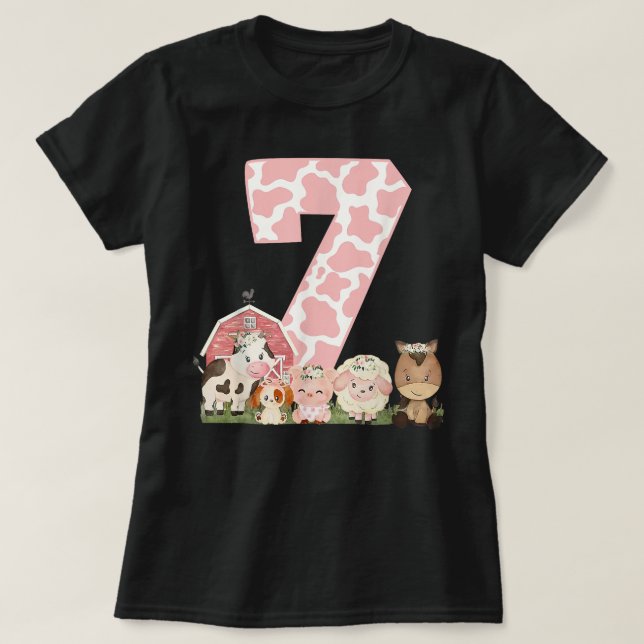Camiseta Rapariga rosa Fazenda Barnyard 7 de aniversários 7 (Frente do Design)