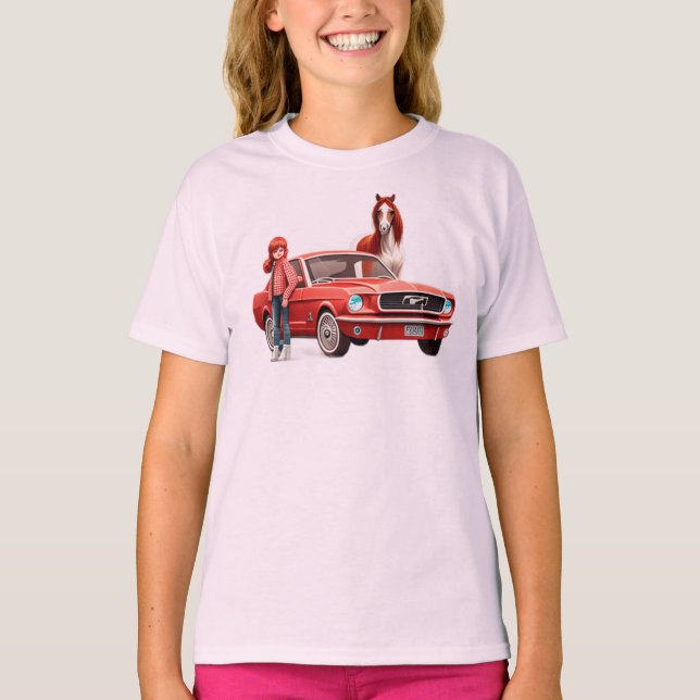 Camiseta Rapariga Ruiva Com Cavalo De Carro Mustang (Frente)