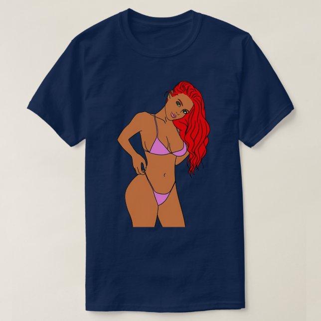 Camiseta Rapariga Ruiva em Bikini Rosa (Frente do Design)