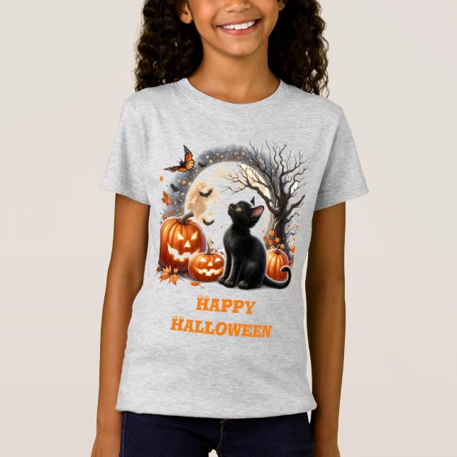 Camiseta Raparigas Halloween Black Cat Cinza Crewneck T Shi (Frente)