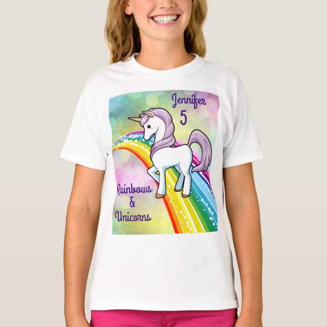 Camiseta Raparigas Rainbow & Unicorn Birthday T Shirt (Frente)