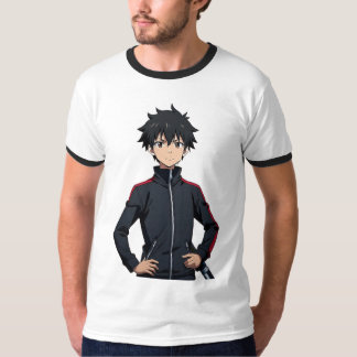 Camiseta Rapaz Anime com Espada em Cidade Moderna ao Pôr do