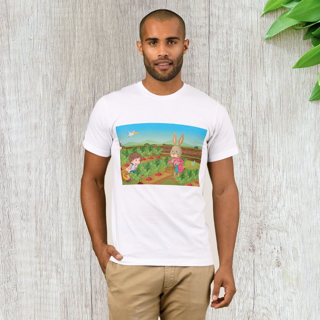 Camiseta Rapaz e Coelho Escolhendo Veggies. (Criador carregado)