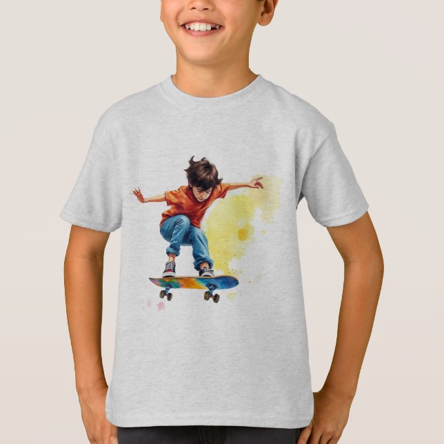 Camiseta Rapaz em diversão desportiva no Skateboard (Frente)