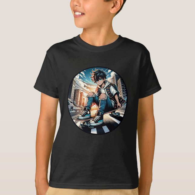 Camiseta Rapaz Pop Art em Skate no Centro da Cidade  (Frente)