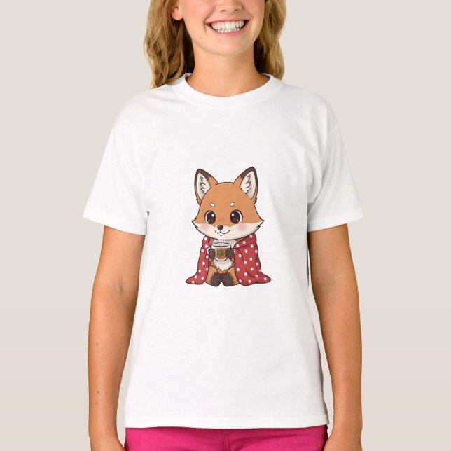Camiseta Raposa Aconchegante Envolta em Cobertor de Bolinha (Frente)