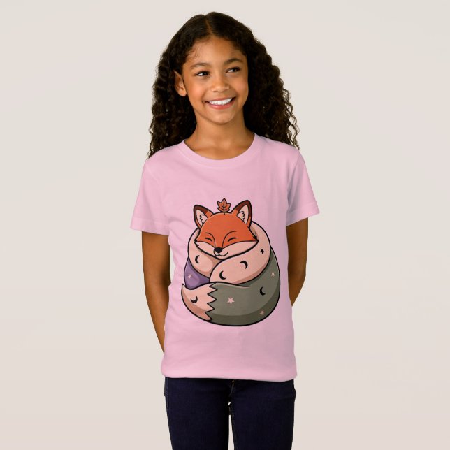 Camiseta Raposa Adormecida Aconchegante com Lua & Estrelas (Frente Completa)