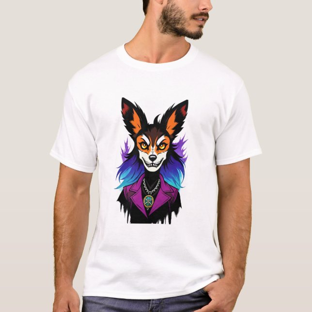 Camiseta Raposa Antropomórfica numa Jaqueta Roxa | Arte AI (Frente)
