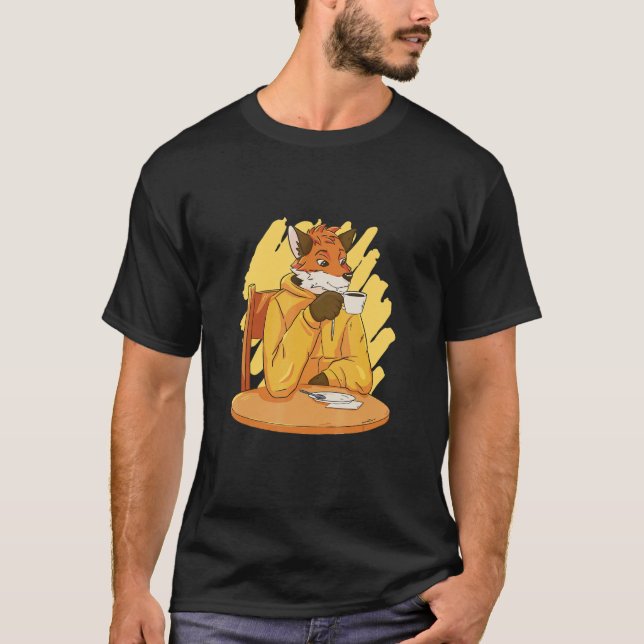Camiseta Raposa aproveitando sua xícara de café (Frente)