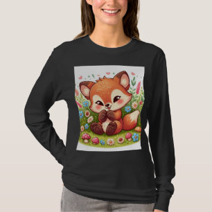 Camiseta Raposa Bebê Jogada em um Prado de Flores Selvagens
