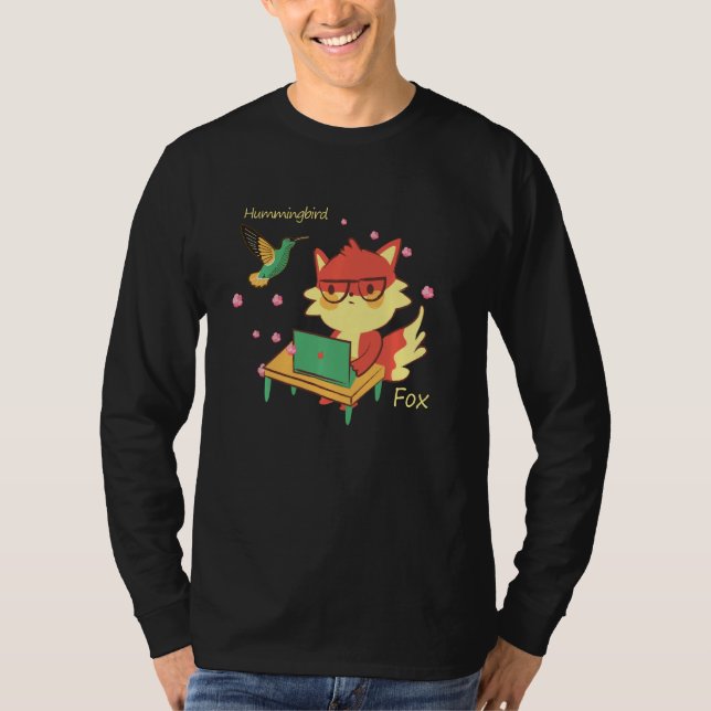 Camiseta Raposa-branca e Hummingbird Sakura Flor do Flor Fl (Frente)