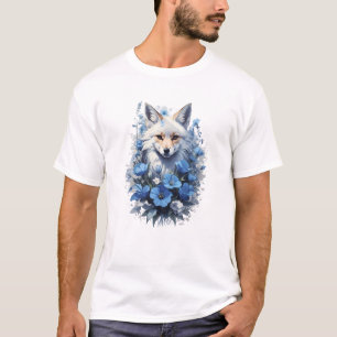 Camiseta Raposa Branca Majestosa em Buquê Floral Azul