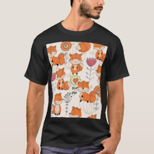Camiseta Raposa de animação, flores: padrão desenhado manua