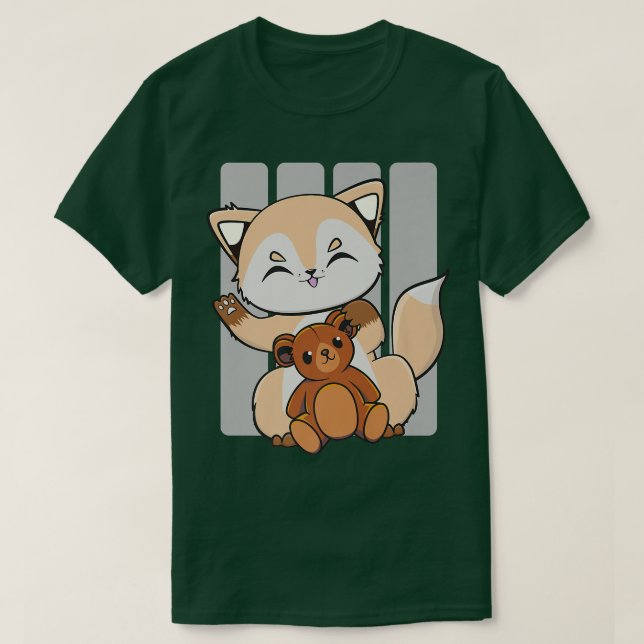 Camiseta Raposa De Animo Bonita Com Brinquedo Kawaii E Urso (Frente do Design)