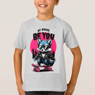 Camiseta Raposa Estilosa Em Skate Vestindo Jaqueta De Couro