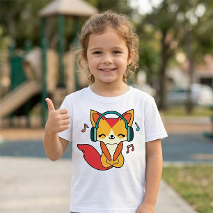 Camiseta Raposa feliz com fones de ouvido ouvindo música.