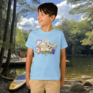 Camiseta Raposa Fennec Flores Rosa Roxo Fofo Botânico Azul