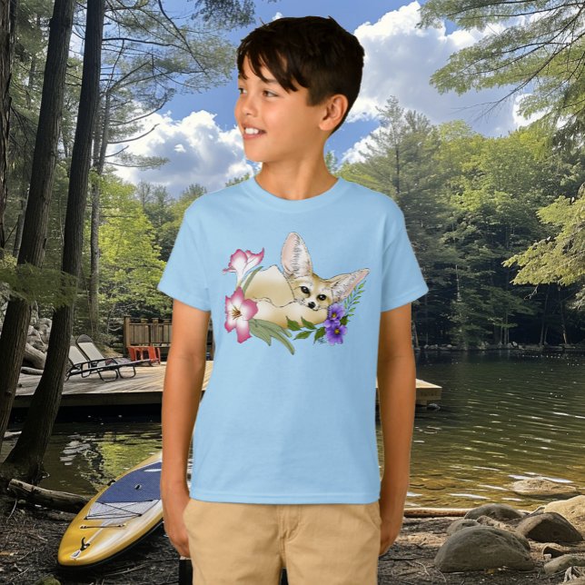 Camiseta Raposa Fennec Flores Rosa Roxo Fofo Botânico Azul (Criador carregado)