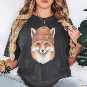 Camiseta Raposa Fofa Usando Gorro Gráfico