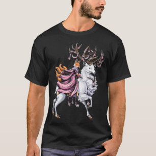 Camiseta Raposa Kitsune Japonesa Montando Cervo de Flor de
