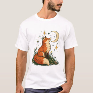 Camiseta Raposa olhando as estrelas Crescente Lua e Estrela