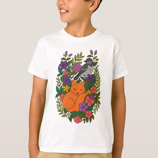 Camiseta Raposa, pombo e flores (Frente)