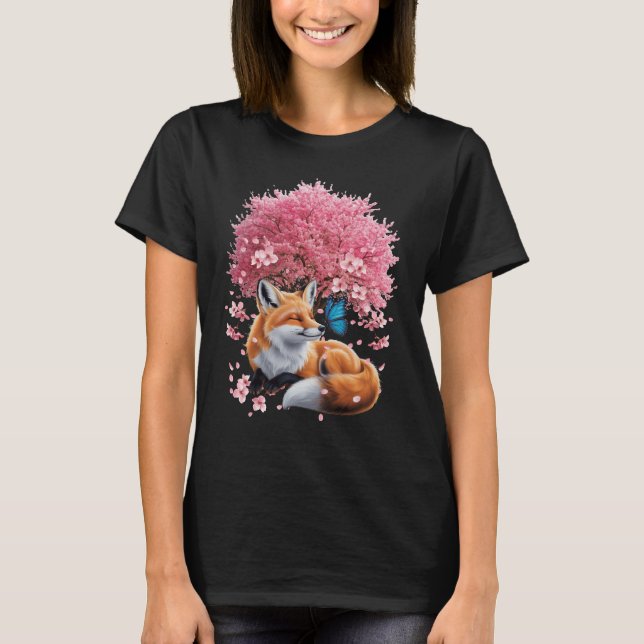 Camiseta Raposa Sob Tree Cherry Blossom Tree Bumbum Sakura  (Frente)