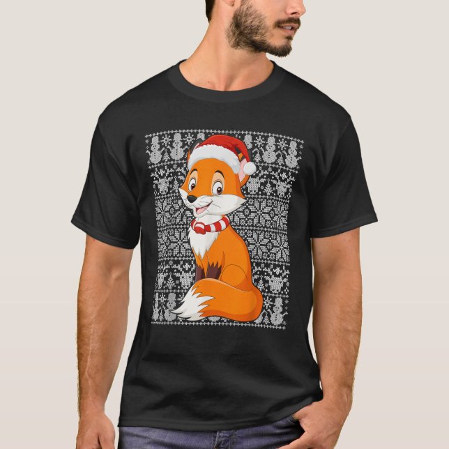 Camiseta Raposa Vestindo Homens de Santa Hat Mulheres Crian (Frente)