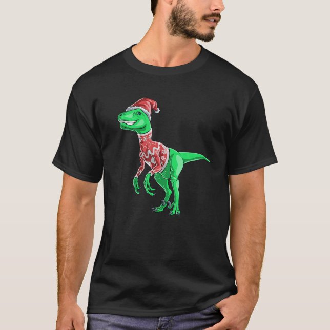 Camiseta Raptor Dinossauro Engraçado Natal Santa Hat T S Pr (Frente)