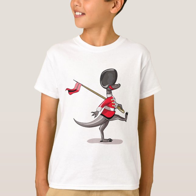 Camiseta Raptor Vestido Como Guarda Britânica. (Frente)