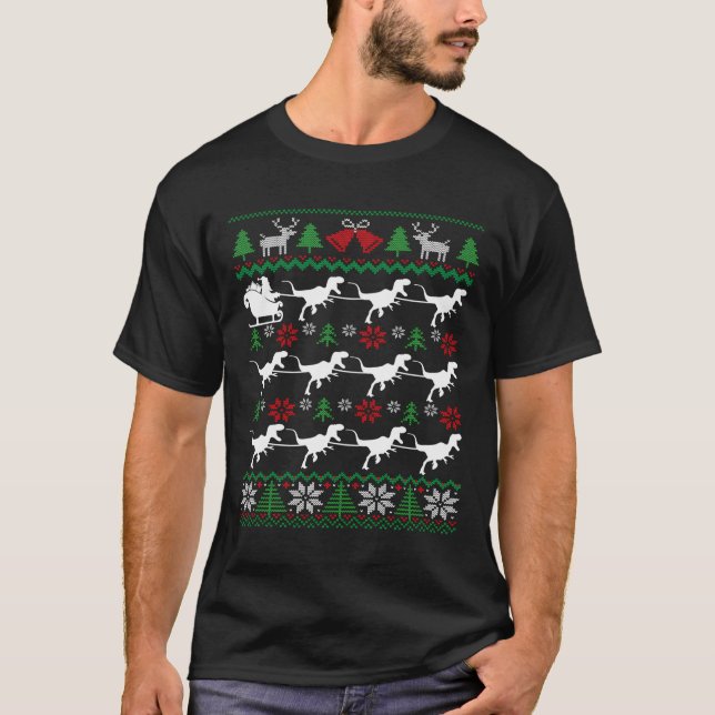 Camiseta Raptores Puxando Papais noeis Dinossauro Natal (Frente)