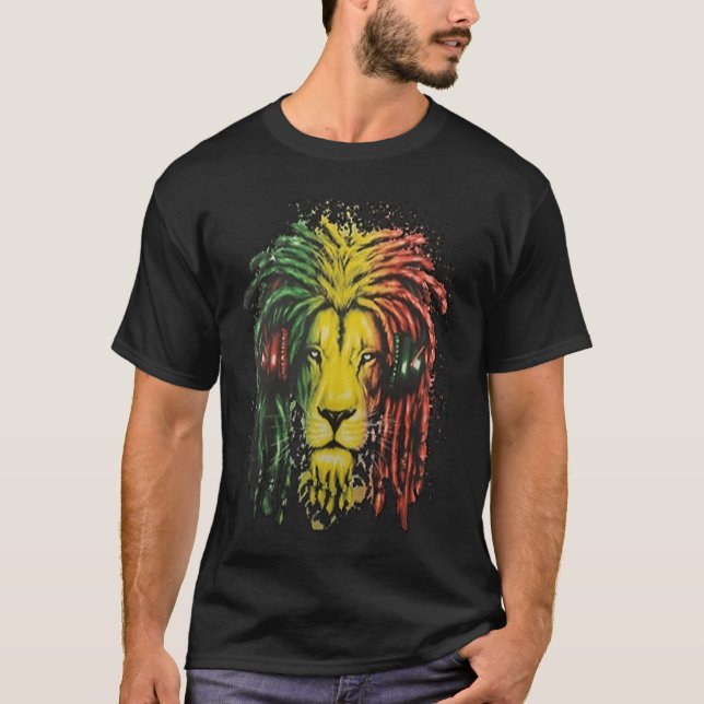 Camiseta Rasta Dreadlock Lion com Fones de ouvido (Frente)