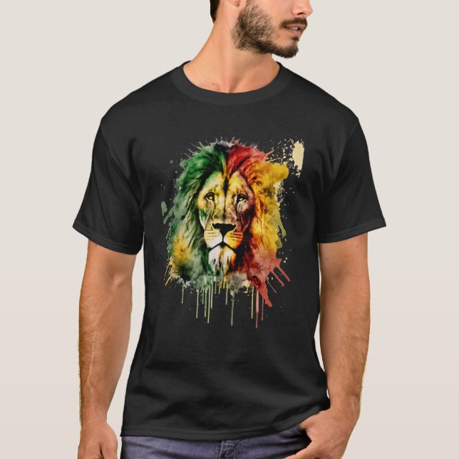 Camiseta Rasta Lion Rastafari Watercolor Reggae & Jamaica V (Frente)