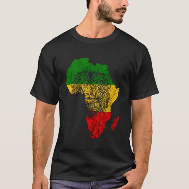 Camiseta Rasta Reggae Leão De Judah Africa Map Rastafari Ro (Frente)