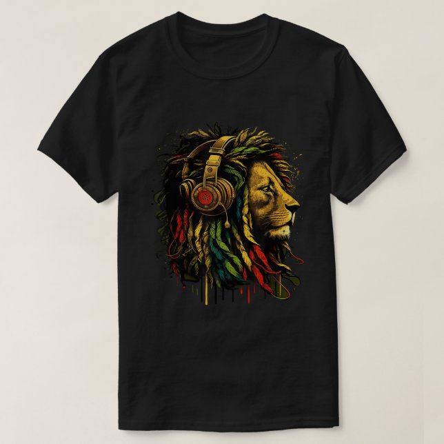 Camiseta Rasta Reggae Lion With Headphones Art (Frente do Design)