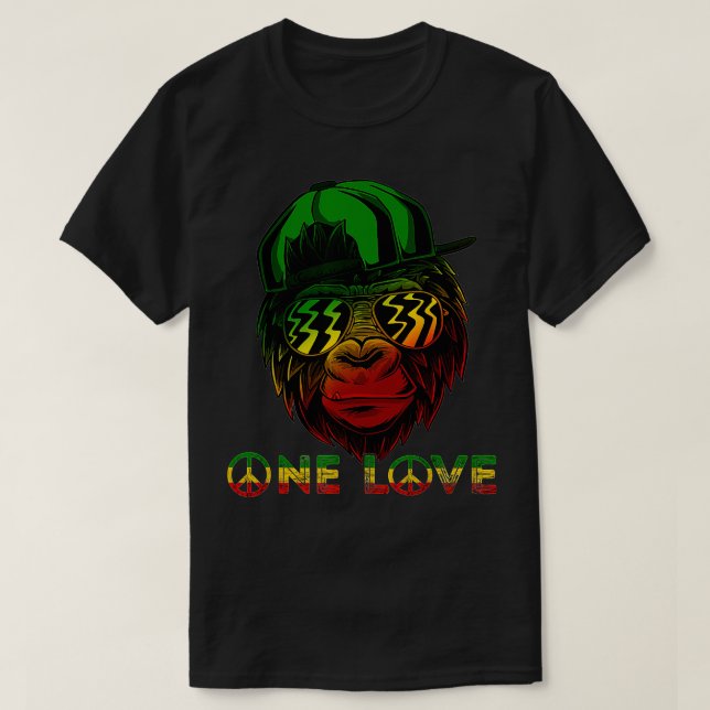 Camiseta Rasta Reggae Monkey One Love Jamaica Headho de Mús (Frente do Design)