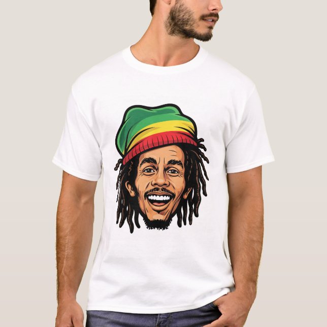Camiseta Rasta Roots & Reggae Rhythms - Ícone Bob Marley (Frente)