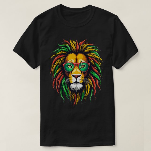 Camiseta Rastafari Rasta Reggae Lion Óculos de sol 2 (Frente do Design)