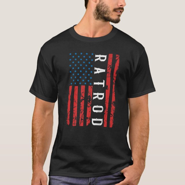 Camiseta Rat Rod American Flag Red White E Blue (Frente)