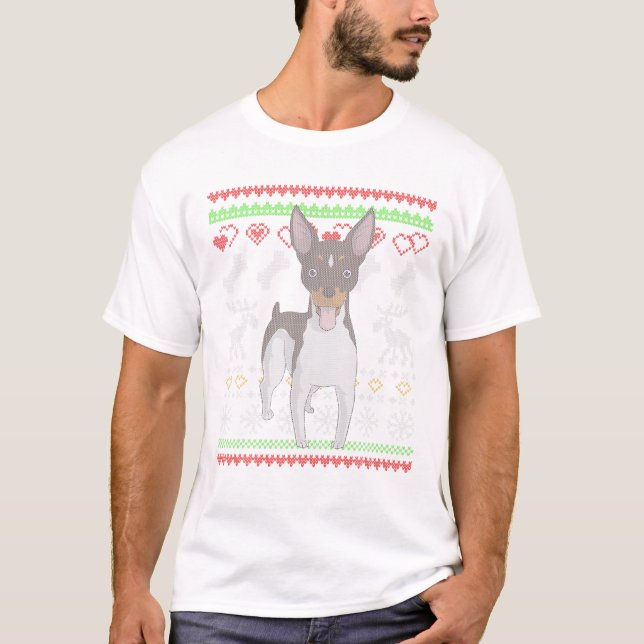 Camiseta Rat Terrier Dog Santa Claus Padrão de Natal Feio (Frente)