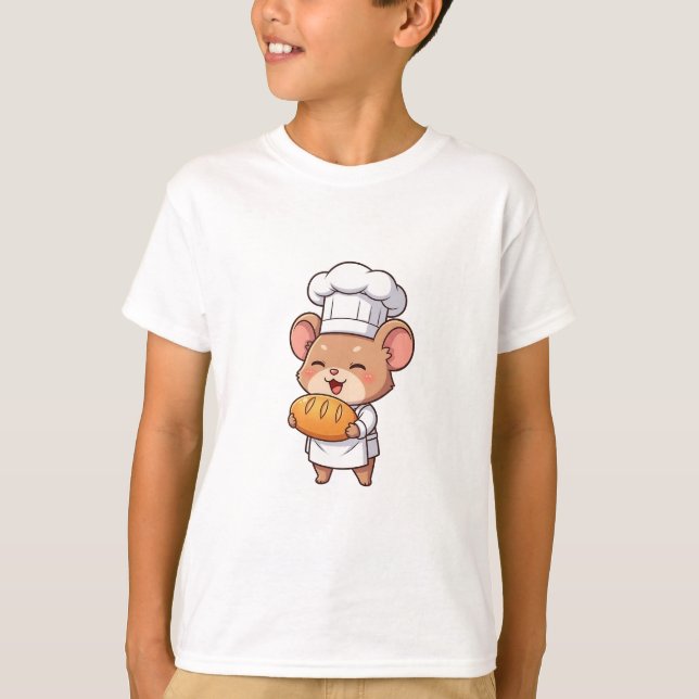 Camiseta Rato Chef Fofo Segurando Pão Fresco para Crianças (Frente)